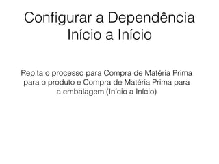 Conﬁgurar a Dependência
Início a Início
Repita o processo para Compra de Matéria Prima
para o produto e Compra de Matéria Prima para
a embalagem (Início a Início)
 