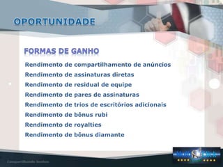 Rendimento de compartilhamento de anúncios
Rendimento de assinaturas diretas
Rendimento de residual de equipe
Rendimento de pares de assinaturas
Rendimento de trios de escritórios adicionais
Rendimento de bônus rubi
Rendimento de royalties
Rendimento de bônus diamante
 