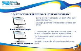 O QUE VOCÊ RECEBE SENDO CLIENTE OU MEMBRO ?
                       Como cliente você recebe um back office com
                       acesso às reservas.
                       Seu login, password e fatura serão enviados por
                       email.

Back office Cliente
                      Como membro você recebe um back office com
                      acesso completo às reservas e gestão online.
                      Você tem acesso a todos os treinamentos da
                      Companhia
                      Seu login, password e fatura serão enviados por
Back office Membro    email.
 