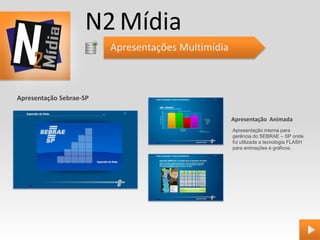 N2 Mídia
                         Apresentações Multimídia



Apresentação Sebrae-SP

                                                    Apresentação Animada
                                                    Apresentação interna para
                                                    gerência do SEBRAE – SP onde
                                                    foi utilizada a tecnologia FLASH
                                                    para animações e gráficos.
 