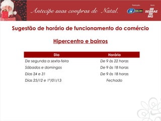 Sugestão de horário de funcionamento do comércio

                    Hipercentro e bairros

                    Dia                     Horário
    De segunda a sexta-feira          De 9 às 22 horas
    Sábados e domingos                De 9 às 18 horas
    Dias 24 e 31                      De 9 às 18 horas
    Dias 25/12 e 1º/01/13                Fechado
 