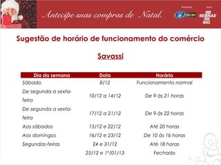 Sugestão de horário de funcionamento do comércio

                           Savassi

     Dia da semana          Data                 Horário
 Sábado                     8/12          Funcionamento normal
 De segunda a sexta-
                        10/12 a 14/12        De 9 às 21 horas
 feira
 De segunda a sexta-
                        17/12 a 21/12        De 9 às 22 horas
 feira
 Aos sábados            15/12 e 22/12         Até 20 horas
 Aos domingos           16/12 e 23/12       De 10 às 16 horas
 Segundas-feiras         24 e 31/12           Até 18 horas
                       25/12 e 1º/01/13         Fechado
 