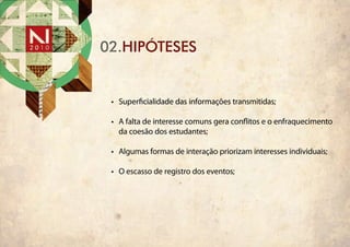 02.HIPÓTESES


 •	 Superficialidade das informações transmitidas;

 •	 A falta de interesse comuns gera conflitos e o enfraquecimento
    da coesão dos estudantes;

 •	 Algumas formas de interação priorizam interesses individuais;

 •	 O escasso de registro dos eventos;
 