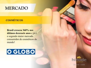 COSMÉTICOS
Brasil cresceu 360% nos
últimos dezesseis anos e já é
o segundo maior mercado
consumidor de cosméticos do
mundo!
 