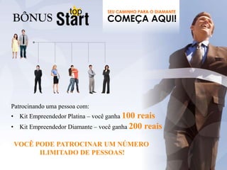 Patrocinando uma pessoa com:
• Kit Empreendedor Platina – você ganha 100 reais
• Kit Empreendedor Diamante – você ganha 200 reais
VOCÊ PODE PATROCINAR UM NÚMERO
ILIMITADO DE PESSOAS!
 