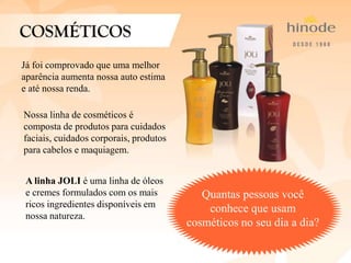 Já foi comprovado que uma melhor
aparência aumenta nossa auto estima
e até nossa renda.
Nossa linha de cosméticos é
composta de produtos para cuidados
faciais, cuidados corporais, produtos
para cabelos e maquiagem.
A linha JOLI é uma linha de óleos
e cremes formulados com os mais
ricos ingredientes disponíveis em
nossa natureza.
Quantas pessoas você
conhece que usam
cosméticos no seu dia a dia?
 