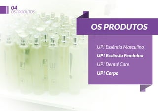 04

OS PRODUTOS

OS PRODUTOS
UP! Essência Masculino
UP! Essência Feminino
UP! Dental Care
UP! Corpo

 
