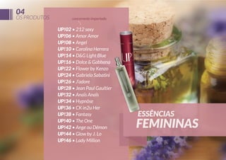 04

OS PRODUTOS

concorrente importado

UP!02 • 212 sexy
UP!06 • Amor Amor
UP!08 • Angel
UP!10 • Carolina Herrera
UP!14 • D&G Light Blue
UP!16 • Dolce & Gabbana
UP!22 • Flower by Kenzo
UP!24 • Gabriela Sabatini
UP!26 • J’adore
UP!28 • Jean Paul Gaultier
UP!32 • Anaïs Anaïs
UP!34 • Hypnôse
UP!36 • CK in2u Her
UP!38 • Fantasy
UP!40 • The One
UP!42 • Ange ou Démon
UP!44 • Glow by J. Lo
UP!46 • Lady Million

ESSÊNCIAS

FEMININAS

 