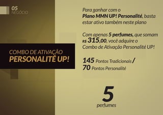 05

NEGÓCIO

COMBO DE ATIVAÇÃO

PERSONALITÉ UP!

Para ganhar com o
Plano MMN UP! Personalité, basta
estar ativo também neste plano
Com apenas 5 perfumes, que somam
R$ 315,00, você adquire o
Combo de Ativação Personalité UP!

145 Pontos Tradicionais /
70 Pontos Personalité

5

perfumes

 