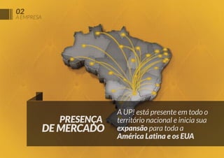 02

A EMPRESA

PRESENÇA

DE MERCADO

A UP! está presente em todo o
território nacional e inicia sua
expansão para toda a
América Latina e os EUA

 