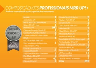 COMPOSIÇÃO KITS PROFISSIONAIS MRR UP!+
Produtos e materiais de apoio, capacitação e treinamento
Activida
Antisséptico UP!
Bloco Oficial UP! De Anotações
Bolsa MRR UP!+ New
Business Card
Caixa para Presente Oficial UP!
Caneta Oficial UP! Black Edition
Chaveiro Oficial UP! Silver Edition
D-Soft
DVD Multi-Ítens MRR UP!+
(diversos vídeos de treinamentos
e arquivos para APNs)
Ficha de cadastro e carta
resposta Oficial UP!
Estojo Oficial UP! Porta Flaconetes
Fita Olfativa Oficial UP!
Flaconetes Oficiais UP! Essência
Flâmula Oficial UP!

1
1
4
1
100
1
5
5
1
1
2
1
2
40
2

Flâmula Oficial UP! By Car
2
Flipchart Pró MRR UP!+
1
Gel Dental UP!
1
Guia Oficial do MRR UP!+
0
Hidratante UP!
1
Mapa Olfativo Oficial UP!
2
Mousepad Oficial UP!
2
Necessarie Oficial UP!
1
Pasta Oficial UP! 100% Responsável
3
Pin Distribuidor Oficial UP!
1
Portfólio - Catalogo Oficial UP! 2014 1
Sacolinha Oficial UP!
10
Talão de pedidos Oficial UP!
4
UP! Acontece Eco
11
UP! Essência 50ml
1
UP! Hair - W/UP! Professional
1
TOTAL
209

 