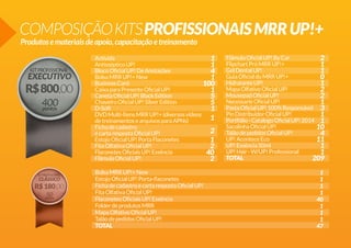 COMPOSIÇÃO KITS PROFISSIONAIS MRR UP!+
Produtos e materiais de apoio, capacitação e treinamento

Activida
1
Antisséptico UP!
1
Bloco Oficial UP! De Anotações
4
Bolsa MRR UP!+ New
1
Business Card
100
Caixa para Presente Oficial UP!
1
Caneta Oficial UP! Black Edition
5
Chaveiro Oficial UP! Silver Edition
5
D-Soft
1
DVD Multi-Ítens MRR UP!+ (diversos vídeos
1
de treinamentos e arquivos para APNs)
Ficha de cadastro
2
e carta resposta Oficial UP!
Estojo Oficial UP! Porta Flaconetes
1
Fita Olfativa Oficial UP!
2
Flaconetes Oficiais UP! Essência
40
Flâmula Oficial UP!
2
Bolsa MRR UP!+ New
Estojo Oficial UP! Porta-flaconetes
Ficha de cadastro e carta resposta Oficial UP!
Fita Olfativa Oficial UP!
Flaconetes Oficiais UP! Essência
Folder de produtos MRR
Mapa Olfativo Oficial UP!
Talão de pedidos Oficial UP!
TOTAL

Flâmula Oficial UP! By Car
2
Flipchart Pró MRR UP!+
1
Gel Dental UP!
1
Guia Oficial do MRR UP!+
0
Hidratante UP!
1
Mapa Olfativo Oficial UP!
2
Mousepad Oficial UP!
2
Necessarie Oficial UP!
1
Pasta Oficial UP! 100% Responsável 3
Pin Distribuidor Oficial UP!
1
Portfólio - Catalogo Oficial UP! 2014 1
Sacolinha Oficial UP!
10
Talão de pedidos Oficial UP!
4
UP! Acontece Eco
11
UP! Essência 50ml
1
UP! Hair - W/UP! Professional
1
TOTAL
209
1
1
1
1
40
1
1
1
47

 