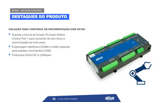 ALTUS | NEXTO XPRESS
SOLUÇÃO PARA CONTROLE DE MOVIMENTAÇÃO COM XP350
18
DESTAQUES DO PRODUTO
XP350 – MOTION CONTROL
ALTUS | NEXTO XPRESS
▪ Suporte a blocos de função PLCopen Motion
Control Part 1 para comando de eixo único e
sincronização de multi eixos
▪ Engrenagem eletrônica (CAMe) e editor especial
para planejar movimentos (CAM)
▪ Protocolos EtherCAT e CANopen
 
