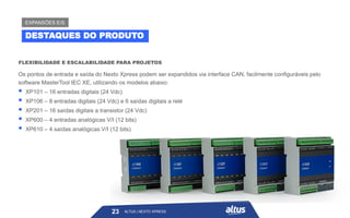 ALTUS | NEXTO XPRESS
FLEXIBILIDADE E ESCALABILIDADE PARA PROJETOS
23
DESTAQUES DO PRODUTO
EXPANSÕES E/S
ALTUS | NEXTO XPRESS
Os pontos de entrada e saída do Nexto Xpress podem ser expandidos via interface CAN, facilmente configuráveis pelo
software MasterTool IEC XE, utilizando os modelos abaixo:
▪ XP101 – 16 entradas digitais (24 Vdc)
▪ XP106 – 8 entradas digitais (24 Vdc) e 6 saídas digitais a relé
▪ XP201 – 16 saídas digitais a transistor (24 Vdc)
▪ XP600 – 4 entradas analógicas V/I (12 bits)
▪ XP610 – 4 saídas analógicas V/I (12 bits)
 