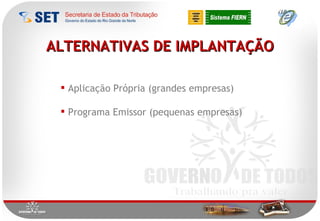 ALTERNATIVAS DE IMPLANTAÇÃO Aplicação Própria (grandes empresas) Programa Emissor (pequenas empresas) 