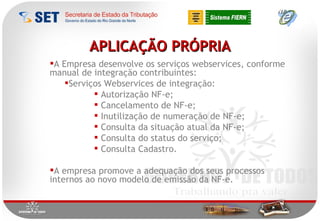 APLICAÇÃO PRÓPRIA A Empresa desenvolve os serviços webservices, conforme manual de integração contribuintes: Serviços Webservices de integração: Autorização NF-e; Cancelamento de NF-e; Inutilização de numeração de NF-e; Consulta da situação atual da NF-e; Consulta do status do serviço; Consulta Cadastro. A empresa promove a adequação dos seus processos internos ao novo modelo de emissão da NF-e.  