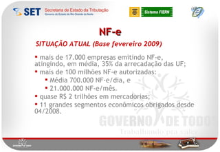 NF-e SITUAÇÃO ATUAL (Base fevereiro 2009) mais de 17.000 empresas emitindo NF-e, atingindo, em média, 35% da arrecadação das UF; mais de 100 milhões NF-e autorizadas: Média 700.000 NF-e/dia, e 21.000.000 NF-e/mês. quase R$ 2 trilhões em mercadorias; 11 grandes segmentos econômicos obrigados desde 04/2008. 