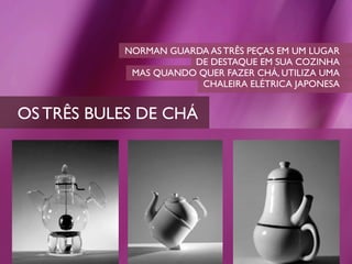 NORMAN GUARDA AS TRÊS PEÇAS EM UM LUGAR
                      DE DESTAQUE EM SUA COZINHA
            MAS QUANDO QUER FAZER CHÁ, UTILIZA UMA
                       CHALEIRA ELÉTRICA JAPONESA


OS TRÊS BULES DE CHÁ
 