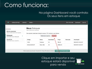 OUTESTOQUEOUTESTOQUE
!"#$%&'&(')(*+,-­.,'&'/&%'
&/-­+$%&'&/-­.,0'1#/*+234&"'OUTESTOQUE
Na página Dashboard você controla:
Os seus itens em estoque
Como funciona:
Clique em Importar e seu
estoque estará disponível
para venda
 