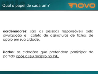 Qual o papel de cada um? Filiados:  os cidadãos que pretendem participar do partido  após o seu registro no TSE. Coordenadores:  são as pessoas responsáveis pela divulgação e  coleta de assinaturas de fichas de apoio em sua cidade. 
