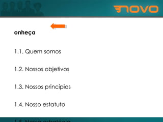 Conheça 1.1. Quem somos 1.2. Nossos objetivos 1.3. Nossos princípios 1.4. Nosso estatuto 1.5. Nossa estratégia 2. Entenda 3. Participe 