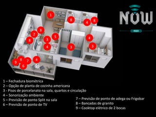 1
2
3
3
3
4
4
4
4
5
6
7
8
8
8 8
8
9
1 – Fechadura biométrica
2 – Opção de planta de cozinha americana
3 - Pisos de porcelanato na sala, quartos e circulação
4 – Sonorização ambiente
5 – Previsão de ponto Split na sala
6 – Previsão de ponto de TV
7 – Previsão de ponto de adega ou Frigobar
8 – Bancadas de granito
9 – Cooktop elétrico de 2 bocas
 