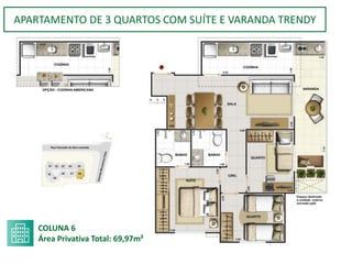 APARTAMENTO DE 3 QUARTOS COM SUÍTE E VARANDA TRENDY
COLUNA 6
Área Privativa Total: 69,97m²
 