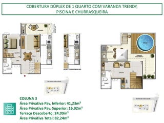 COBERTURA DÚPLEX DE 1 QUARTO COM VARANDA TRENDY,
PISCINA E CHURRASQUEIRA
COLUNA 3
Área Privativa Pav. Inferior: 41,23m²
Área Privativa Pav. Superior: 16,92m²
Terraço Descoberto: 24,09m²
Área Privativa Total: 82,24m²
 