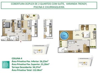 COBERTURA DÚPLEX DE 2 QUARTOS COM SUÍTE, VARANDA TRENDY,
PISCINA E CHURRASQUEIRA
COLUNA 4
Área Privativa Pav. Inferior: 56,23m²
Área Privativa Pav. Superior: 21,26m²
Terraço Descoberto: 34,57m²
Área Privativa Total: 112.06m²
 