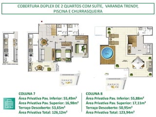 COBERTURA DÚPLEX DE 2 QUARTOS COM SUÍTE, VARANDA TRENDY,
PISCINA E CHURRASQUEIRA
COLUNA 7
Área Privativa Pav. Inferior: 55,49m²
Área Privativa Pav. Superior: 16,98m²
Terraço Descoberto: 53,65m²
Área Privativa Total: 126,12m²
COLUNA 8
Área Privativa Pav. Inferior: 55,88m²
Área Privativa Pav. Superior: 17,11m²
Terraço Descoberto: 50,95m²
Área Privativa Total: 123,94m²
 