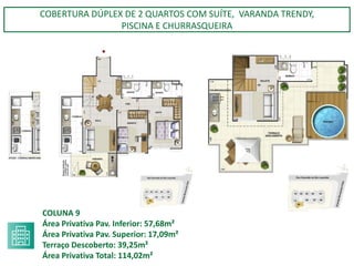 COBERTURA DÚPLEX DE 2 QUARTOS COM SUÍTE, VARANDA TRENDY,
PISCINA E CHURRASQUEIRA
COLUNA 9
Área Privativa Pav. Inferior: 57,68m²
Área Privativa Pav. Superior: 17,09m²
Terraço Descoberto: 39,25m²
Área Privativa Total: 114,02m²
 