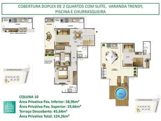 COBERTURA DÚPLEX DE 2 QUARTOS COM SUÍTE, VARANDA TRENDY,
PISCINA E CHURRASQUEIRA
COLUNA 10
Área Privativa Pav. Inferior: 58,96m²
Área Privativa Pav. Superior: 19,66m²
Terraço Descoberto: 45,64m²
Área Privativa Total: 124,26m²
 