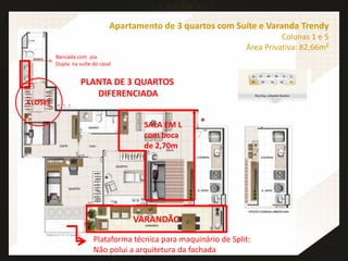 Apartamento de 3 quartos com Suíte e Varanda Trendy
Colunas 1 e 5
Área Privativa: 82,66m²
CLOSET
SALA EM L
com boca
de 2,70m
PLANTA DE 3 QUARTOS
DIFERENCIADA
Bancada com pia
Dupla na suíte do casal
VARANDÃO
Plataforma técnica para maquinário de Split:
Não polui a arquitetura da fachada
 
