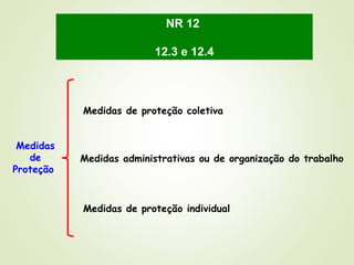 Medidas
de
Proteção
Medidas de proteção coletiva
Medidas administrativas ou de organização do trabalho
Medidas de proteção individual
NR 12
12.3 e 12.4
 