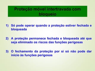1) Só pode operar quando a proteção estiver fechada e
bloqueada
2) A proteção permanece fechada e bloqueada até que
seja eliminado os riscos das funções perigosas
3) O fechamento da proteção por si só não pode dar
início às funções perigosas
Proteção móvel intertravada com
bloqueio
 