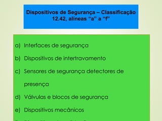 a) Interfaces de segurança
b) Dispositivos de intertravamento
c) Sensores de segurança detectores de
presença
d) Válvulas e blocos de segurança
e) Dispositivos mecânicos
Dispositivos de Segurança – Classificação
12.42, alíneas “a” a “f”
 