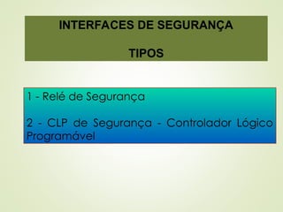 1 - Relé de Segurança
2 - CLP de Segurança - Controlador Lógico
Programável
INTERFACES DE SEGURANÇA
TIPOS
 