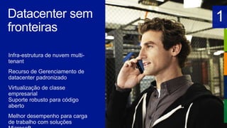 Infra-estrutura de nuvem multi-
tenant
Recurso de Gerenciamento de
datacenter padronizado
Virtualização de classe
empresarial
Suporte robusto para código
aberto
Melhor desempenho para carga
de trabalho com soluções
 