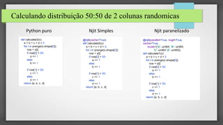Calculando distribuição 50:50 de 2 colunas randomicas
def calculate3(x):
a = b = c = d = 0
for i in prange(x.shape[0]):
row = x[i]
if row[0] > 50:
a += 1
else:
b += 1
if row[1] < 50:
c += 1
else:
d += 1
return [a, b, c, d]
@njit(cache=True)
def calculate2(x):
a = b = c = d = 0
for i in prange(x.shape[0]):
row = x[i]
if row[0] > 50:
a += 1
else:
b += 1
if row[1] < 50:
c += 1
else:
d += 1
return [a, b, c, d]
@njit(parallel=True, nogil=True,
cache=True,
locals={'a': uint64, 'b': uint64,
'c': uint64,'d': uint64})
def calculate1(x):
a = b = c = d = 0
for i in prange(x.shape[0]):
row = x[i]
if row[0] > 50:
a += 1
else:
b += 1
if row[1] < 50:
c += 1
else:
d += 1
return [a, b, c, d]
Python puro Njit Simples Njit paranelizado
 