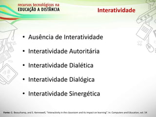Interatividade
• Ausência de Interatividade
• Interatividade Autoritária
• Interatividade Dialética
• Interatividade Dialógica
• Interatividade Sinergética
Fonte: G. Beauchamp, and S. Kennewell, “Interactivity in the classroom and its impact on learning”. In: Computers and Education, vol. 54
 
