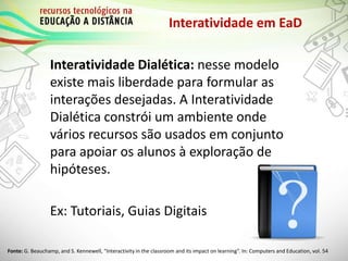 Interatividade em EaD
Interatividade Dialética: nesse modelo
existe mais liberdade para formular as
interações desejadas. A Interatividade
Dialética constrói um ambiente onde
vários recursos são usados em conjunto
para apoiar os alunos à exploração de
hipóteses.
Ex: Tutoriais, Guias Digitais
Fonte: G. Beauchamp, and S. Kennewell, “Interactivity in the classroom and its impact on learning”. In: Computers and Education, vol. 54
 