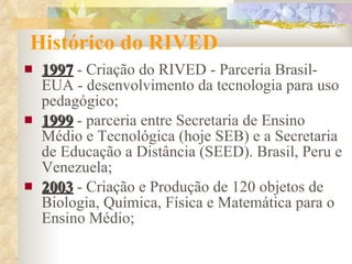 Histórico do RIVED 1997  - Criação do RIVED - Parceria Brasil-EUA - desenvolvimento da tecnologia para uso pedagógico; 1999  - parceria entre Secretaria de Ensino Médio e Tecnológica (hoje SEB) e a Secretaria de Educação a Distância (SEED). Brasil, Peru e Venezuela; 2003  - Criação e Produção de 120 objetos de Biologia, Química, Física e Matemática para o Ensino Médio; 