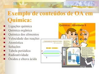 Exemplo de conteúdos de OA em Química: Ligações química Química orgânica Química dos alimentos Velocidade das reações Atomística Soluções Tabela periódica Radioatividade Óxidos e chuva ácida 
