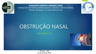 OBSTRUÇÃO NASAL
ÁLEX WILKER – R1
FUNDAÇÃO HOSPITAL ADRIANO JORGE
SERVIÇO DE OTORRINOLARINGOLOGIA E CIRURGIA CÉRVICO-FACIAL
Módulo: Rinologia e Cirurgia Plástica Facial
Manaus - AM
25 de abril de 2022
 
