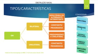 TIPOS/CARACTERÍSTICAS
Tratado de Otorrinolaringologia da ABROL. 3ª Ed. Rio de Janeiro: Elsevier, 2018.
11
OBSTRUÇÃO NASAL
ON
BILATERAL
SIMULTÂNEA OU
ALTERNANTE
INTERMITENTE
CONSTANTE/
PROGRESSIVA
PREDOMINÂNCI
A UNILATERAL
UNILATERAL
CONSTANTE/
PROGRESSIVA
CONSIDERAR:
 