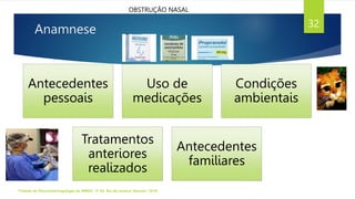 Anamnese
Antecedentes
pessoais
Uso de
medicações
Condições
ambientais
Tratamentos
anteriores
realizados
Antecedentes
familiares
Tratado de Otorrinolaringologia da ABROL. 3ª Ed. Rio de Janeiro: Elsevier, 2018.
32
OBSTRUÇÃO NASAL
 