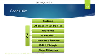 Conclusão
Tratado de Otorrinolaringologia da ABROL. 3ª Ed. Rio de Janeiro: Elsevier, 2018.
49
OBSTRUÇÃO NASAL
ON
Sintoma
Abordagem Sindrômica
Anamnese
Exame Físico
Exame Complementar
Definir Etiologia
Clínico X Cirúrgico
 