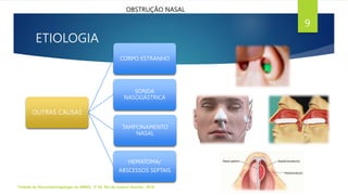 ETIOLOGIA
Tratado de Otorrinolaringologia da ABROL. 3ª Ed. Rio de Janeiro: Elsevier, 2018.
9
OBSTRUÇÃO NASAL
OUTRAS CAUSAS
CORPO ESTRANHO
SONDA
NASOGÁSTRICA
TAMPONAMENTO
NASAL
HEMATOMA/
ABSCESSOS SEPTAIS
 
