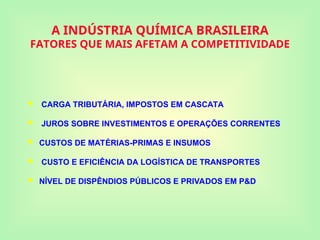 A INDÚSTRIA QUÍMICA BRASILEIRA
FATORES QUE MAIS AFETAM A COMPETITIVIDADE
 CARGA TRIBUTÁRIA, IMPOSTOS EM CASCATA
 JUROS SOBRE INVESTIMENTOS E OPERAÇÕES CORRENTES
 CUSTOS DE MATÉRIAS-PRIMAS E INSUMOS
 CUSTO E EFICIÊNCIA DA LOGÍSTICA DE TRANSPORTES
 NÍVEL DE DISPÊNDIOS PÚBLICOS E PRIVADOS EM P&D
 