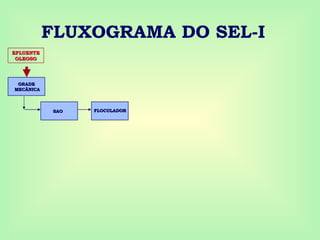 FLUXOGRAMA DO SEL-I
FLOCULADOR
FLOCULADOR
SAO
SAO
EFLUENTE
EFLUENTE
OLEOSO
OLEOSO
GRADE
GRADE
MECÂNICA
MECÂNICA
 